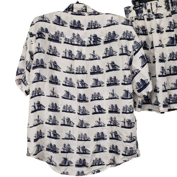 Vintage Whistles White Blue Nautical Sailboat Toile Print Silk Blouse Shorts Set - Picture 16 of 16